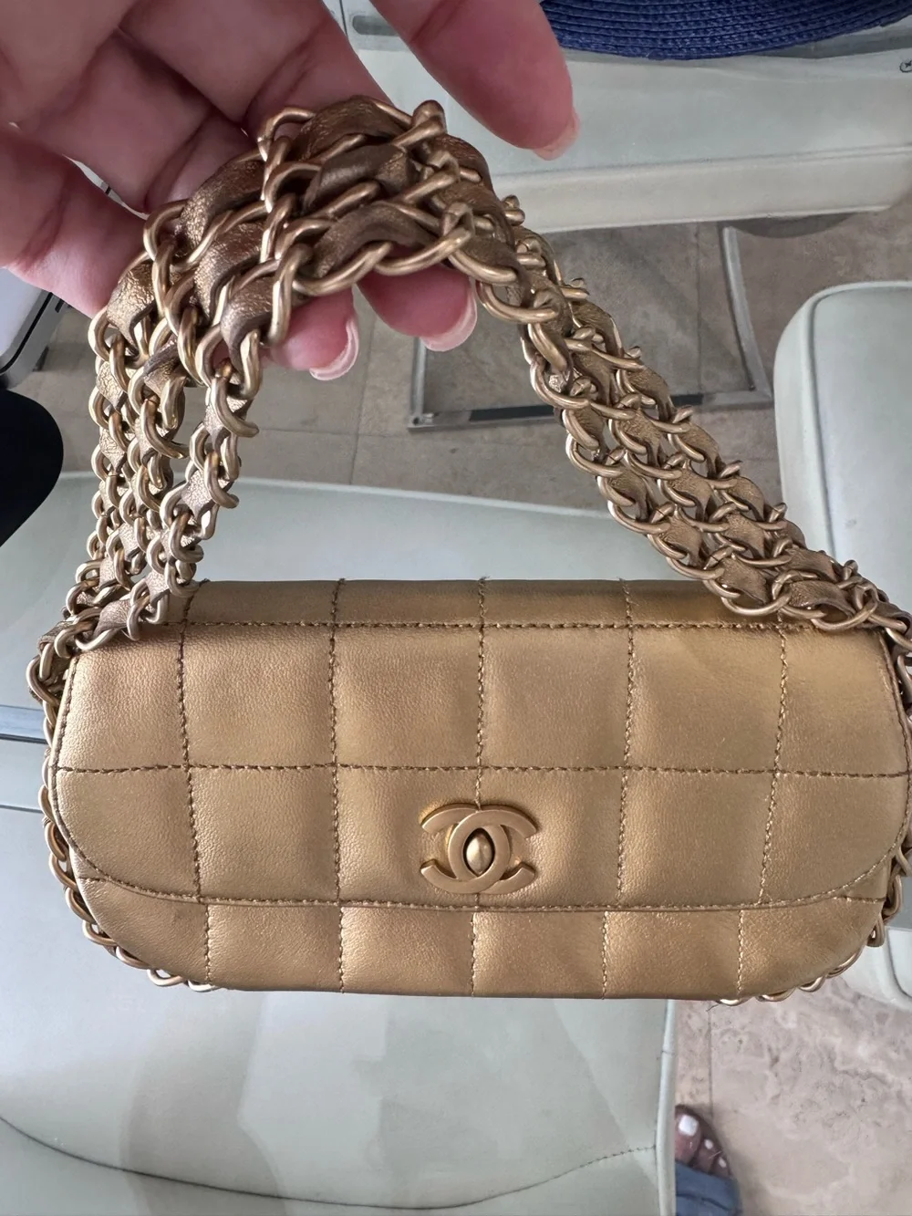 CHANEL Vintage 2003-2004 Quilted Metallic Gold Evening Bag with Chain Strap